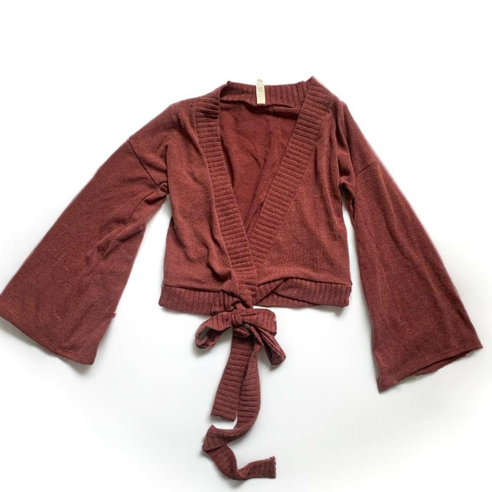 JOLIE Los Angels Bell Sleeve Wrap Around Tie Front Burgundy Cropped Sweater